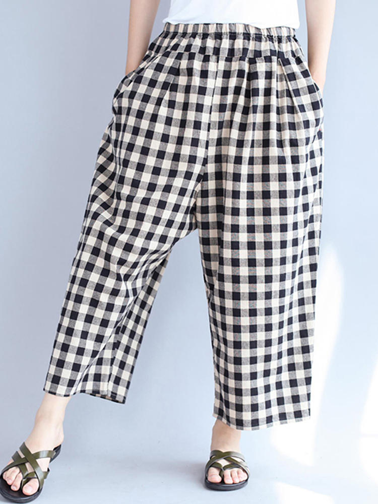 S-4XL Women Plaid Elastic Waist Loose Cotton Long Pants