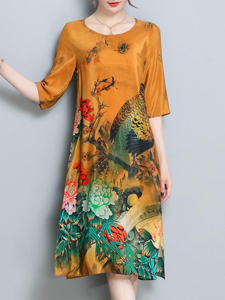 Chinese Style Floral Print Half Sleeve Vintage Dresses for Women