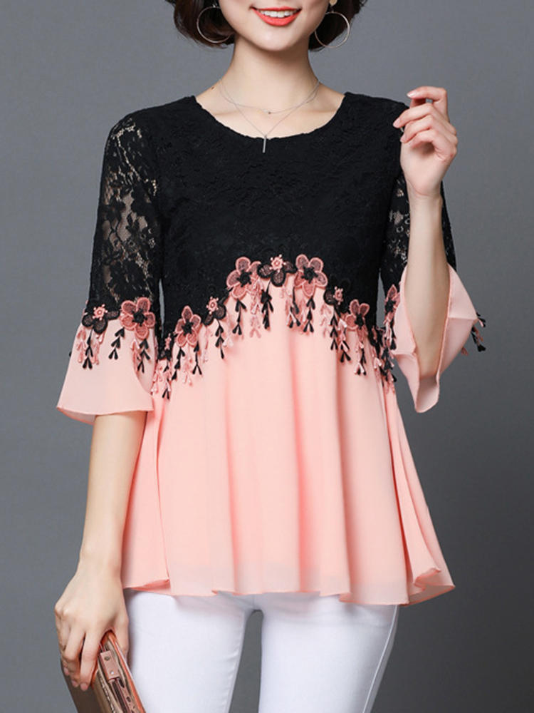 Elegant Lace Patchwork Half Sleeve Women Blouse
