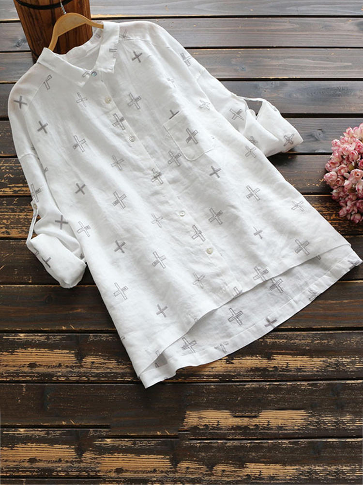 Casual Women Lapel Embroidered High Low Hem Long Sleeve Blouse w