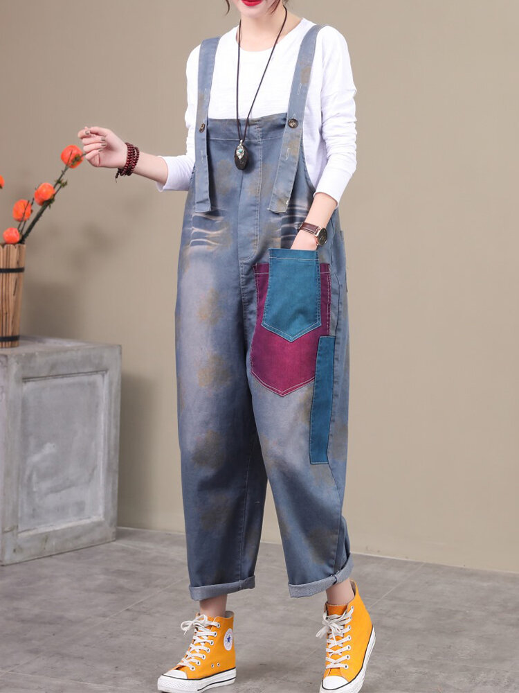 Women Vintage Embroidery Patchwork Loose Denim Pocket Harem Jump