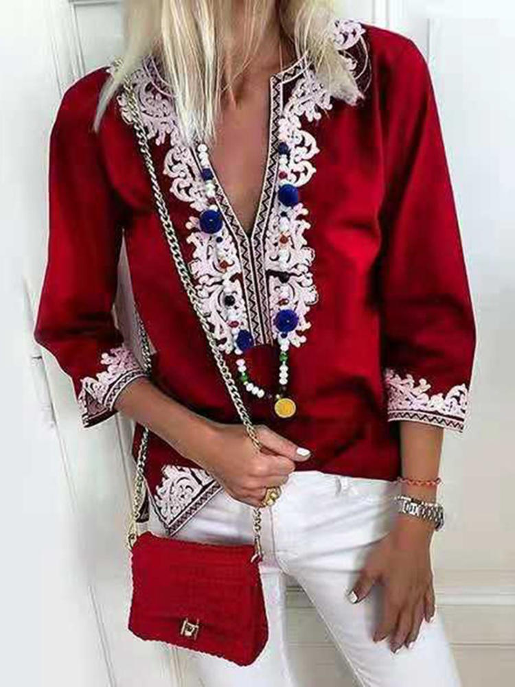 Women Vintage Folk Style V-Neck Short Sleeve Blouse