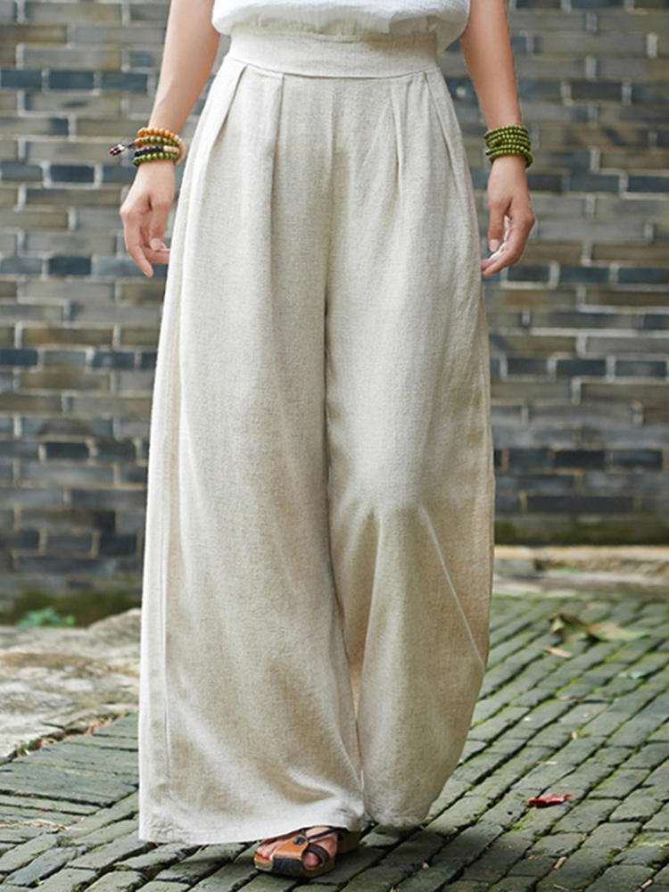 Vintage Women Solid Color Linen Cotton Wide Leg Pants