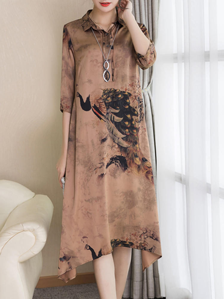 Vintage Women Peacock Print Half Sleeve Lapel Dress