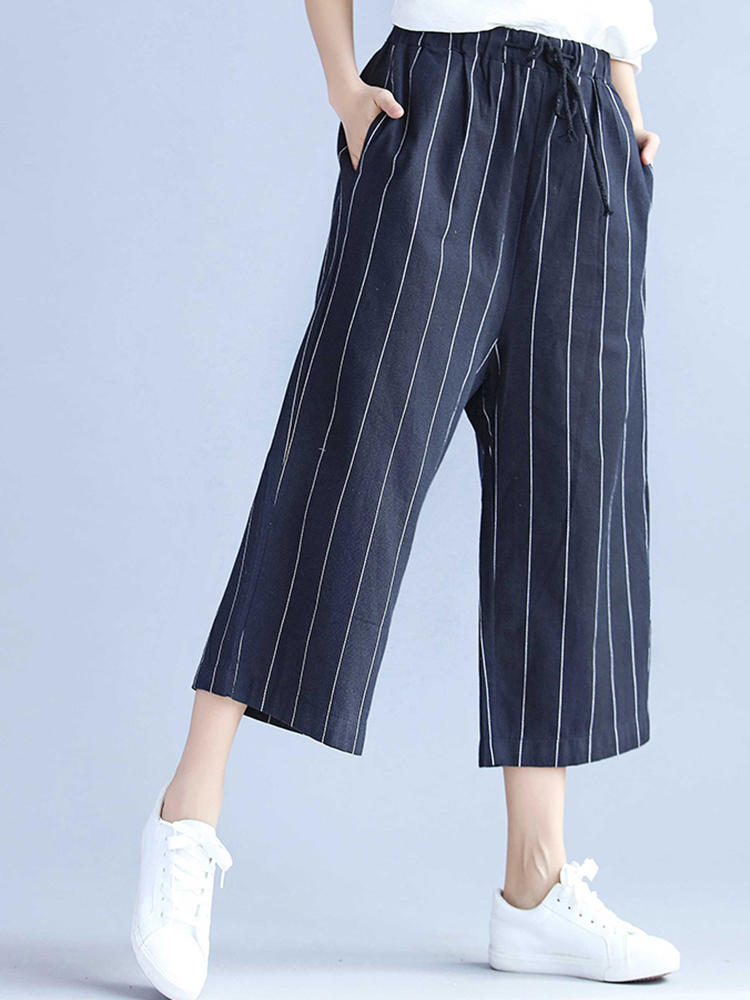Casual Women Stripe Drawstring Waist Wide Leg Pants