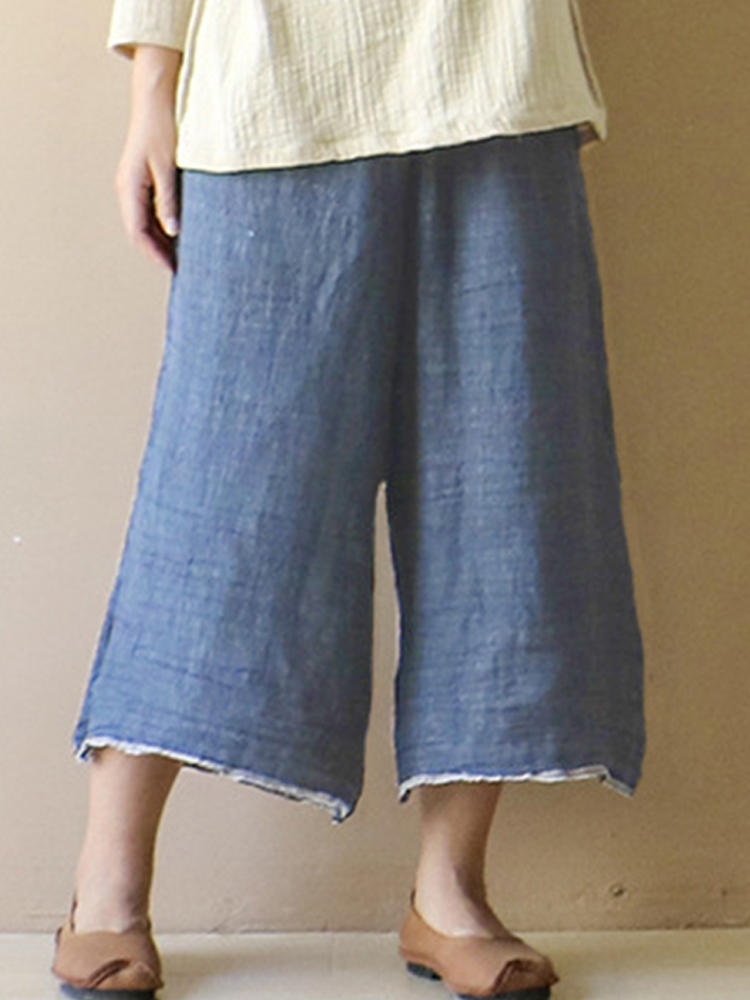 Women Vintage Elastic Waist Wide Leg Solid Loose Baggy Pants