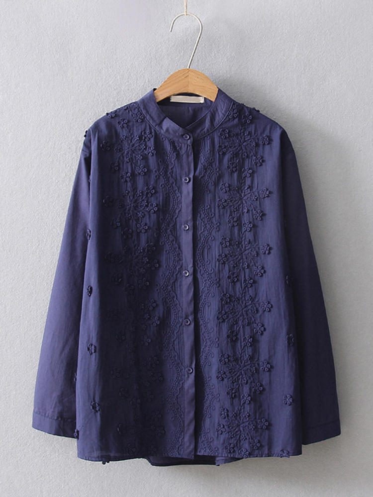 Loose Embroidery Long Sleeve Stand Collar Blouse For Women
