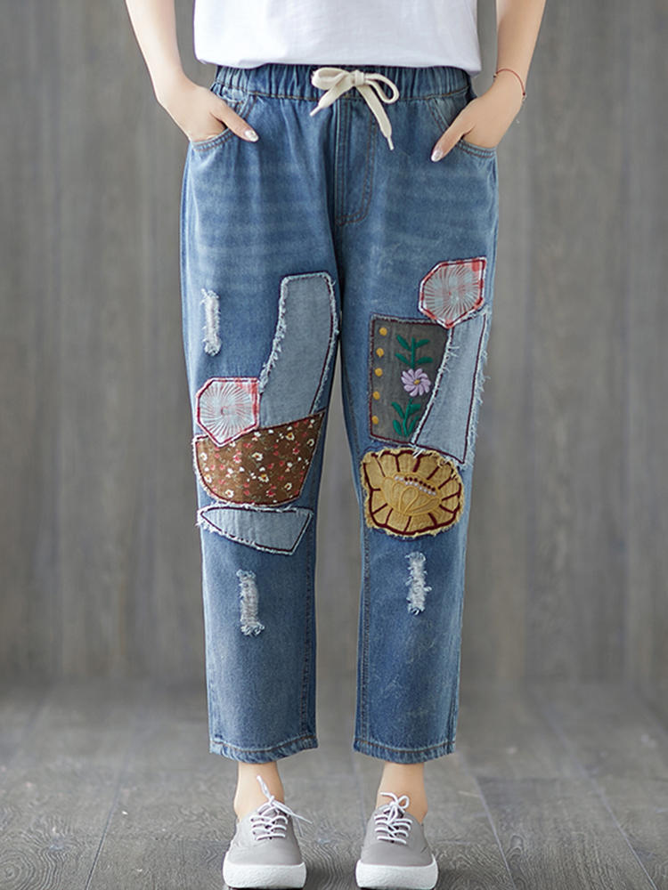 Women Casual Patchwork Elastic Waist Denim Jeans with Pockets