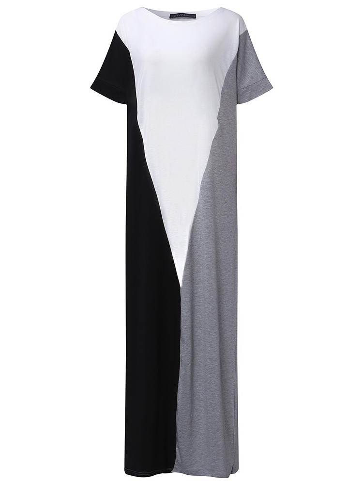 Casual Women Short Sleeve Splice Color Loose Long Maxi Dress