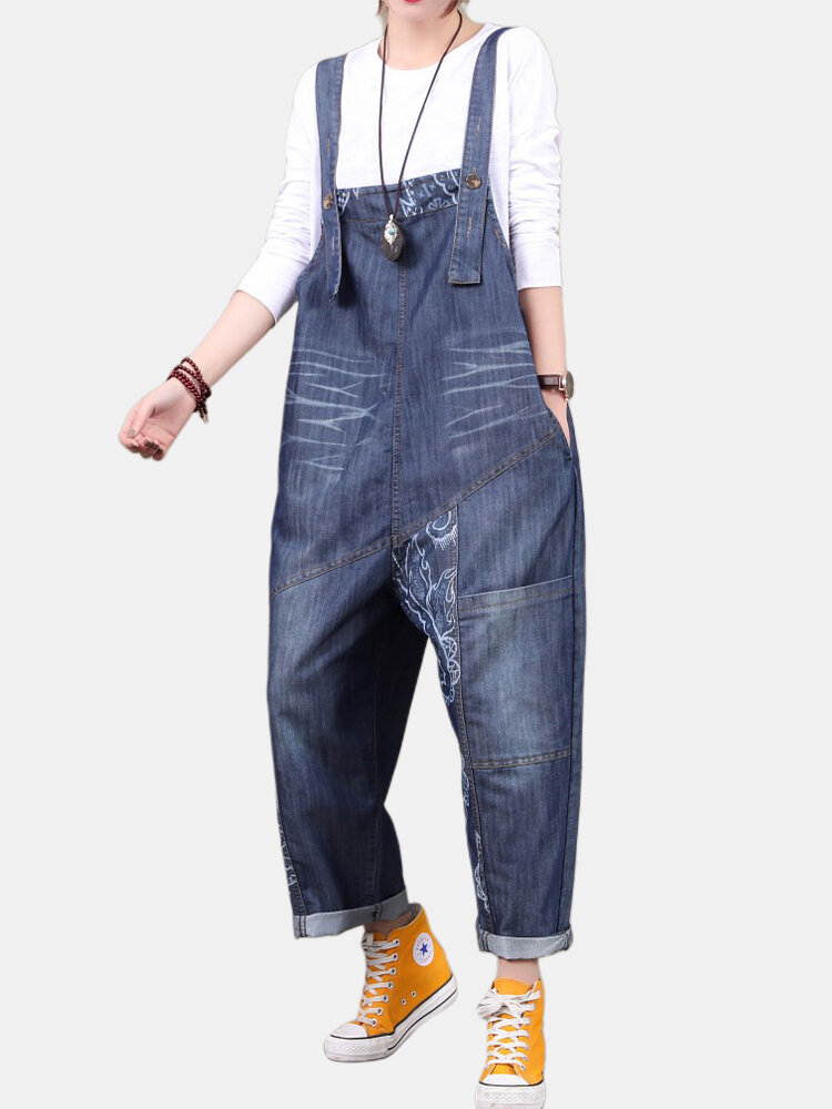 Women Casual Foral Printed Patchwork Vintage Denim Jumpsuit