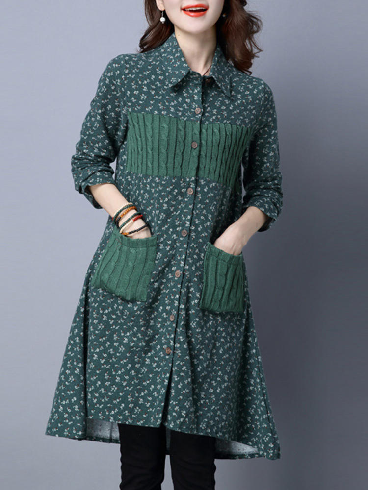 Retro Women Long Sleeve Printing Patchwork Lapel Button Down Shi