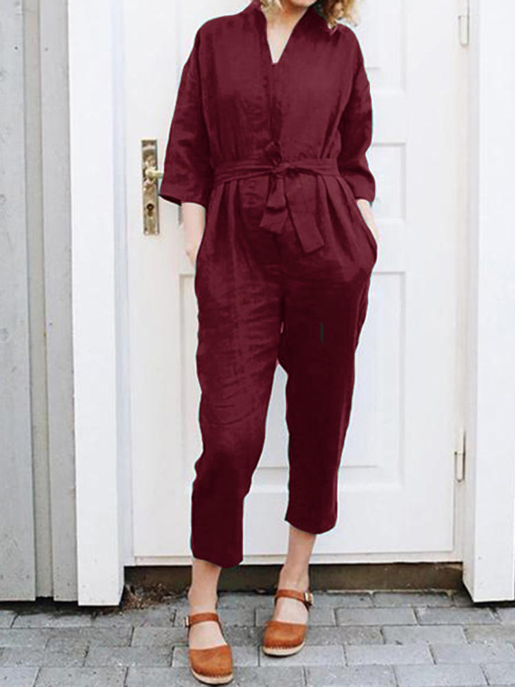Women Pure Color Cotton 3/4 Sleeve Stand Collar Side Pockets Jum