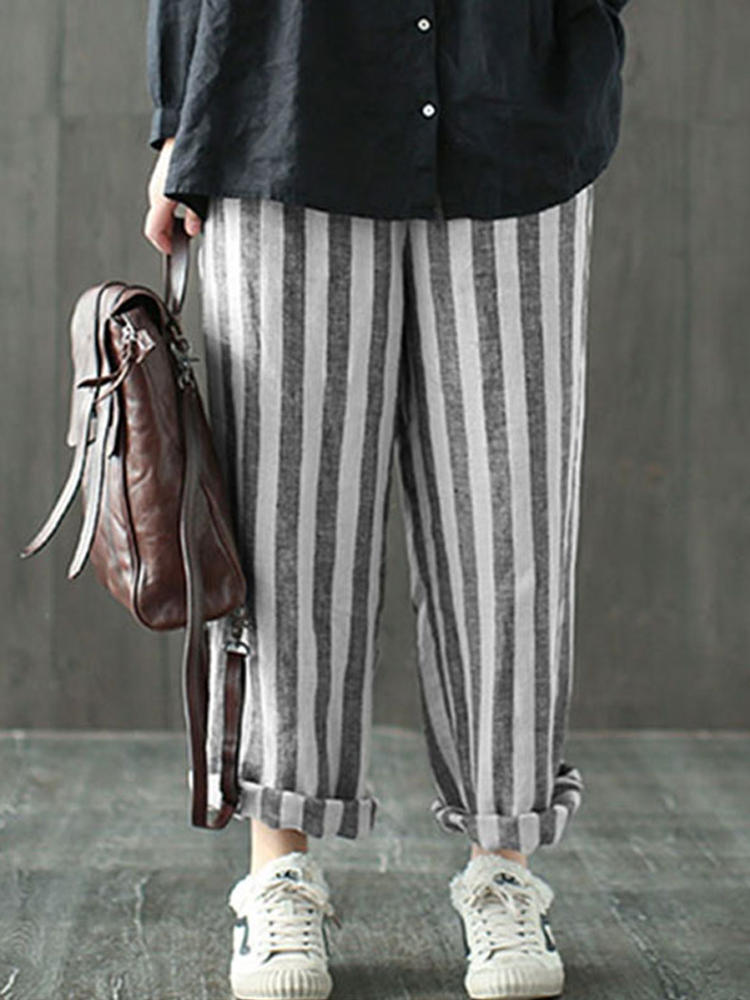 Women Striped High Elastic Waist Loose Harem Pants