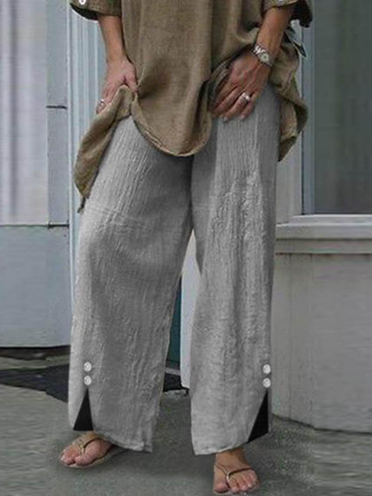 Casual Women Elastic Waist Pure Color Cotton Pants with Pockets