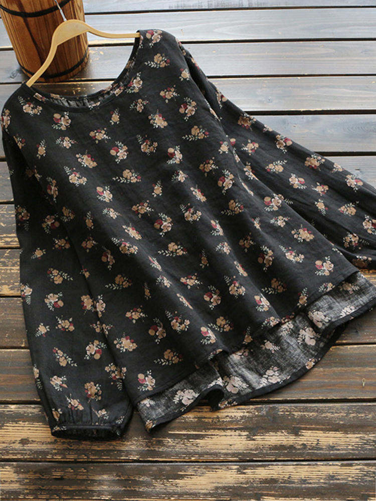 Casual Women Cotton Linen Floral Print High Low Hem Long Sleeve