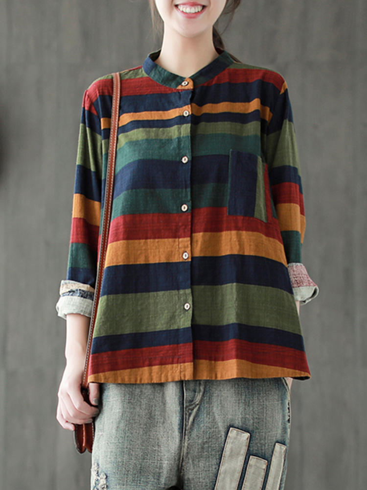 Multi-color Stripe Long Sleeve Irregular Vintage Blouse