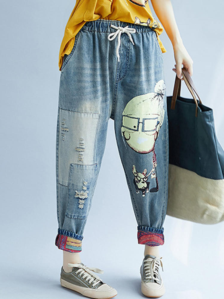 Women Patchwork Cartoon Loose Elastic Waist Denim Jeans