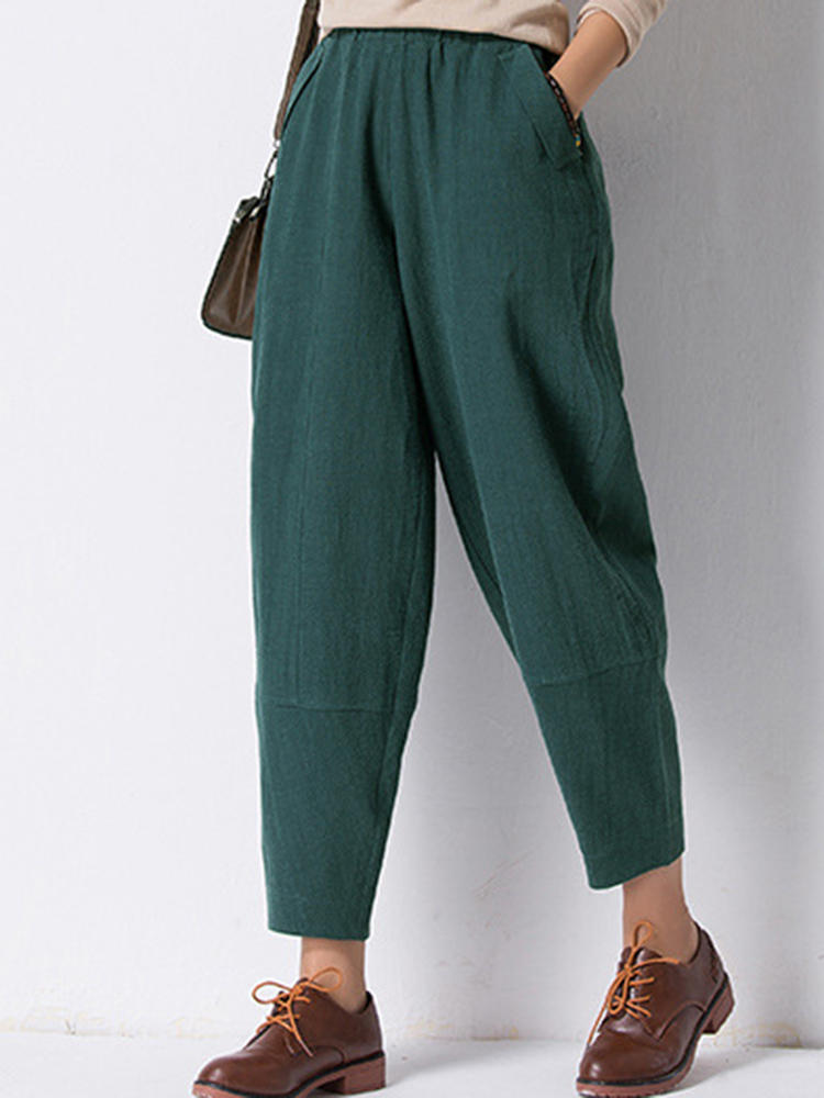 M-5XL Women Solid Color Pockets Elastic Waist Long Pants