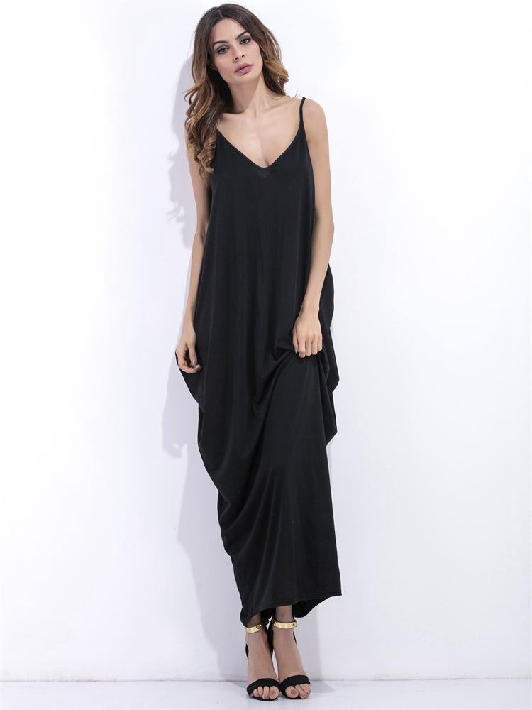 Black Sexy Sleeveless V-neck Backless Women Maxi Dresses