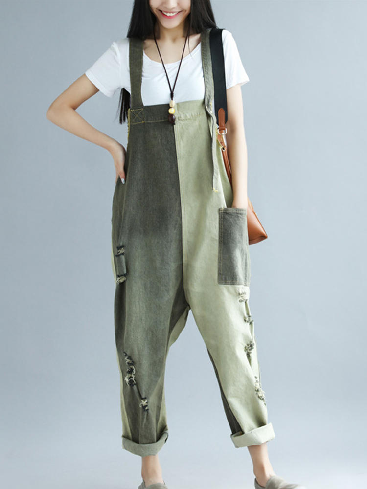 Vintage Patchwork Contrast Color Denim Ripped Rompers Jumpsuit
