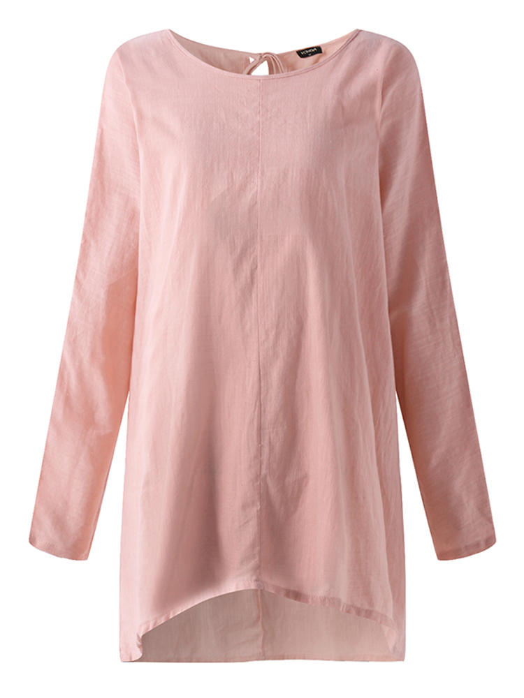 Women Pure Color Back Bandage Asymmetric Hem Blouse