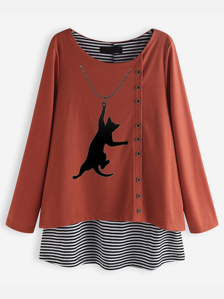 Cartoon Cat Print Striped Patchwork Casual Blouse