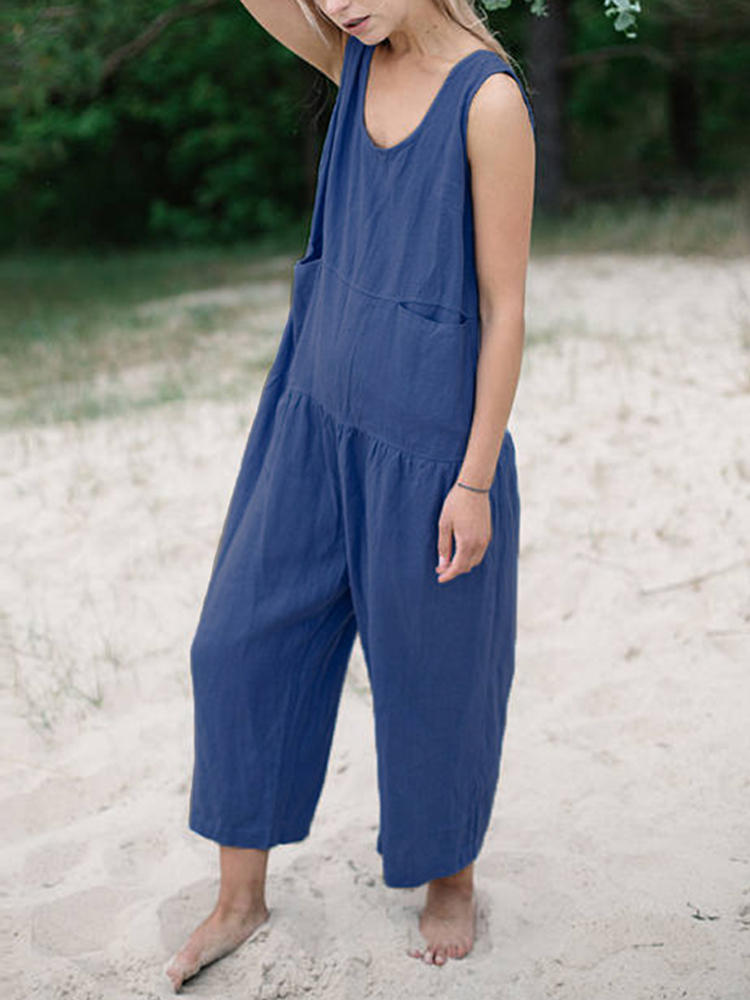 M-5XL Women Sleeveless Solid Color Loose Cotton Jumpsuit