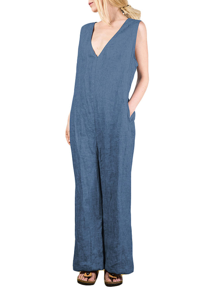 Wide Leg Women Casual Solid Color Sleeveless V-Neck Jumpsuit