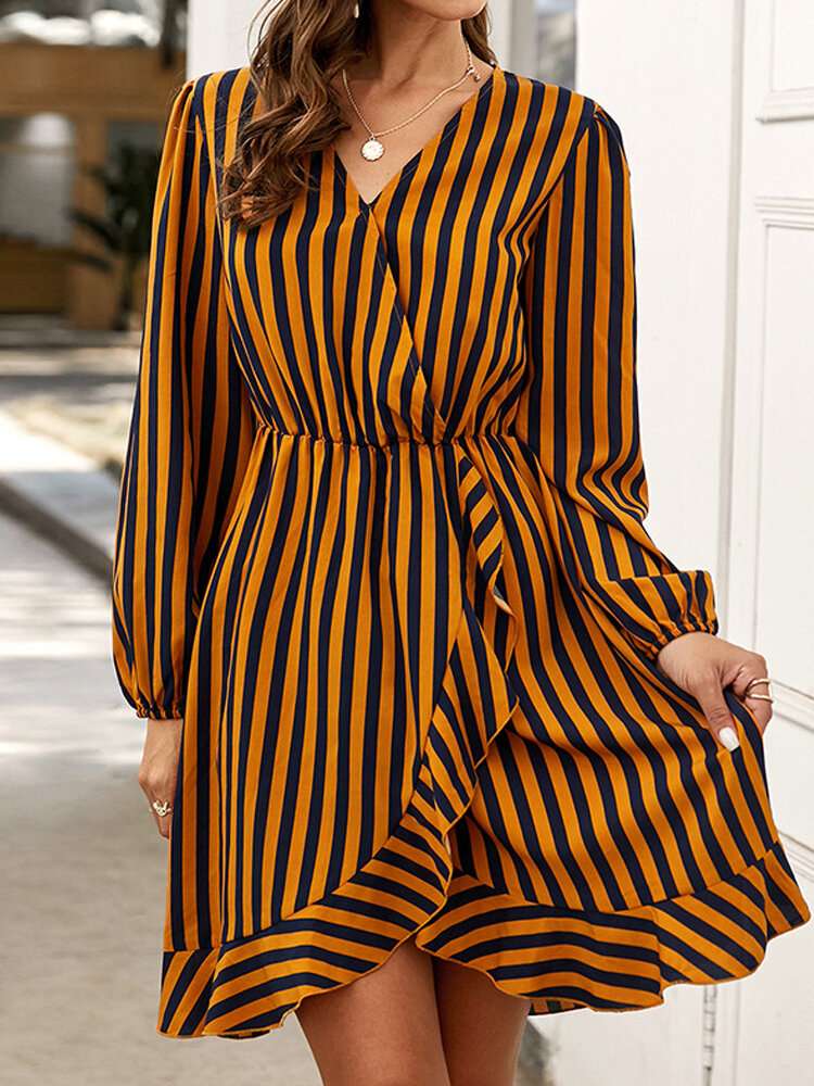 Striped V-neck Long Sleeve Irregular Hem Casual Mini Dress