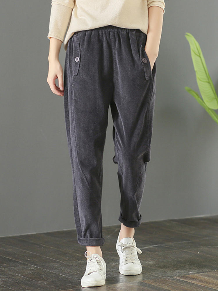 Solid Elastic Waist Corduroy Pants