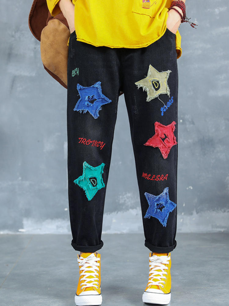 Letter Embroidered Stars Patch Jeans For Women