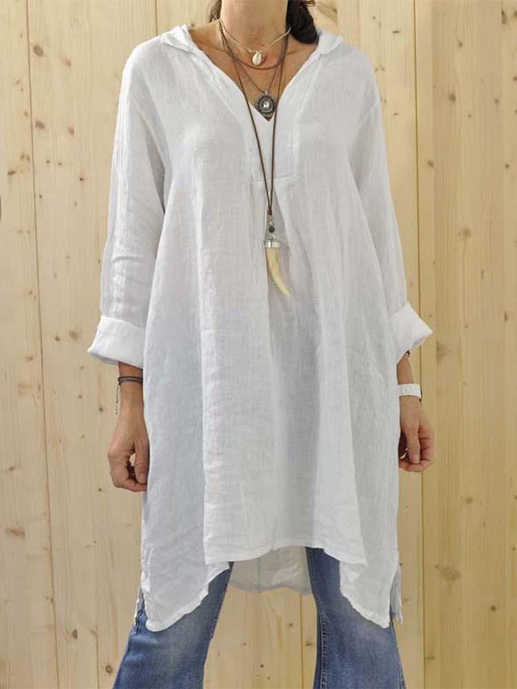Women Long Sleeve V-neck Irregular Hem Solid Casual Shirts