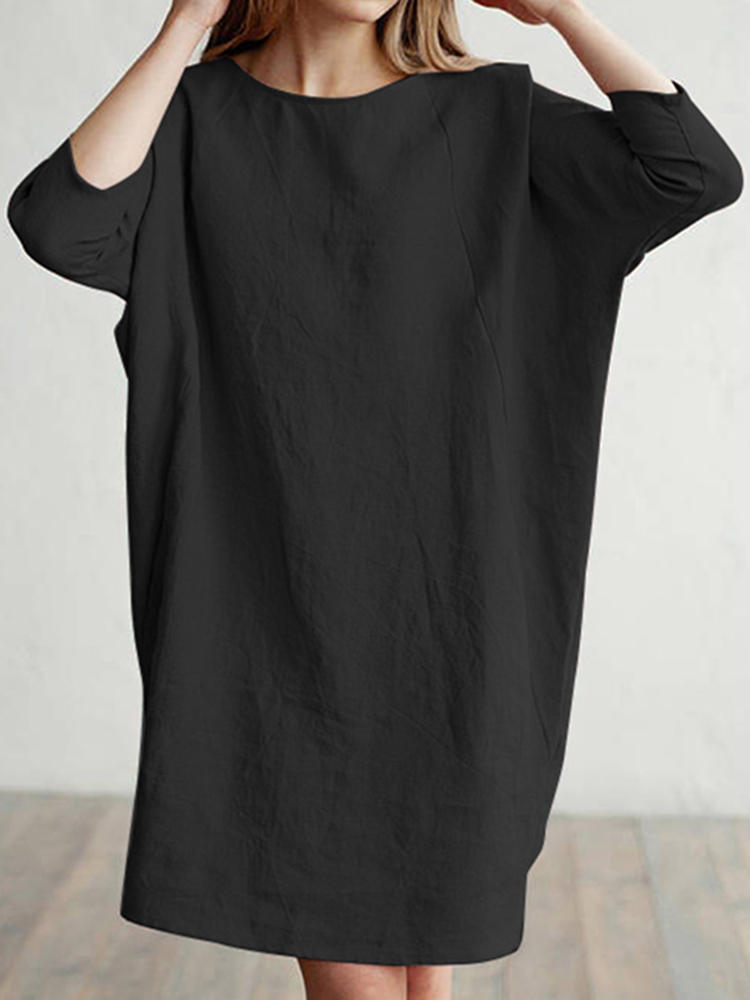 Casual Women Loose Cotton Linen Round Neck 3/4 Sleeve Dress