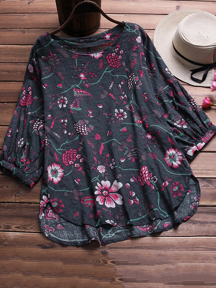 Vintage Floral Print 3/4 Sleeve Asymmetric Hem Blouse for Women