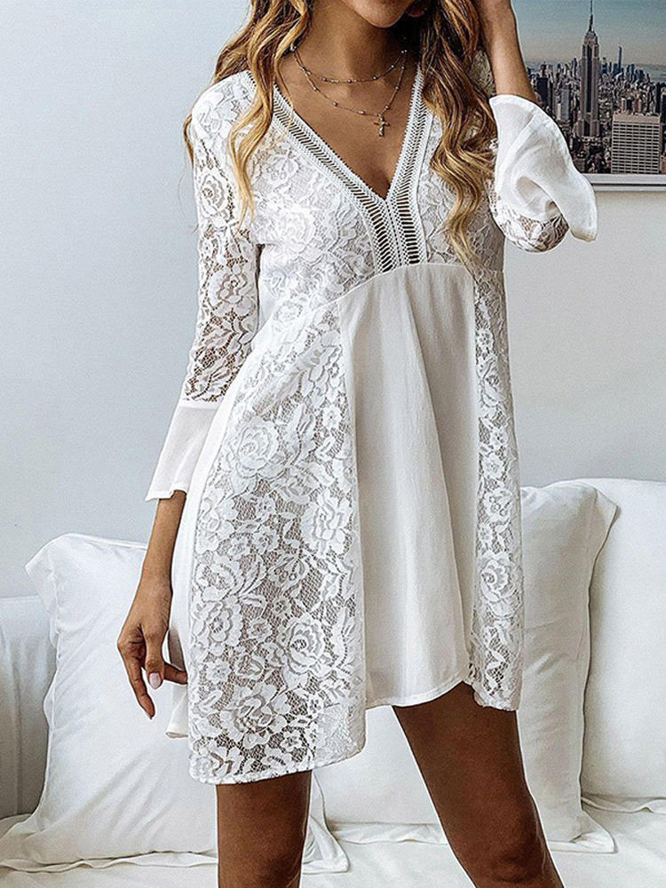 Womens 3/4 Sleeve V Neck Loose Lace Midi Dress