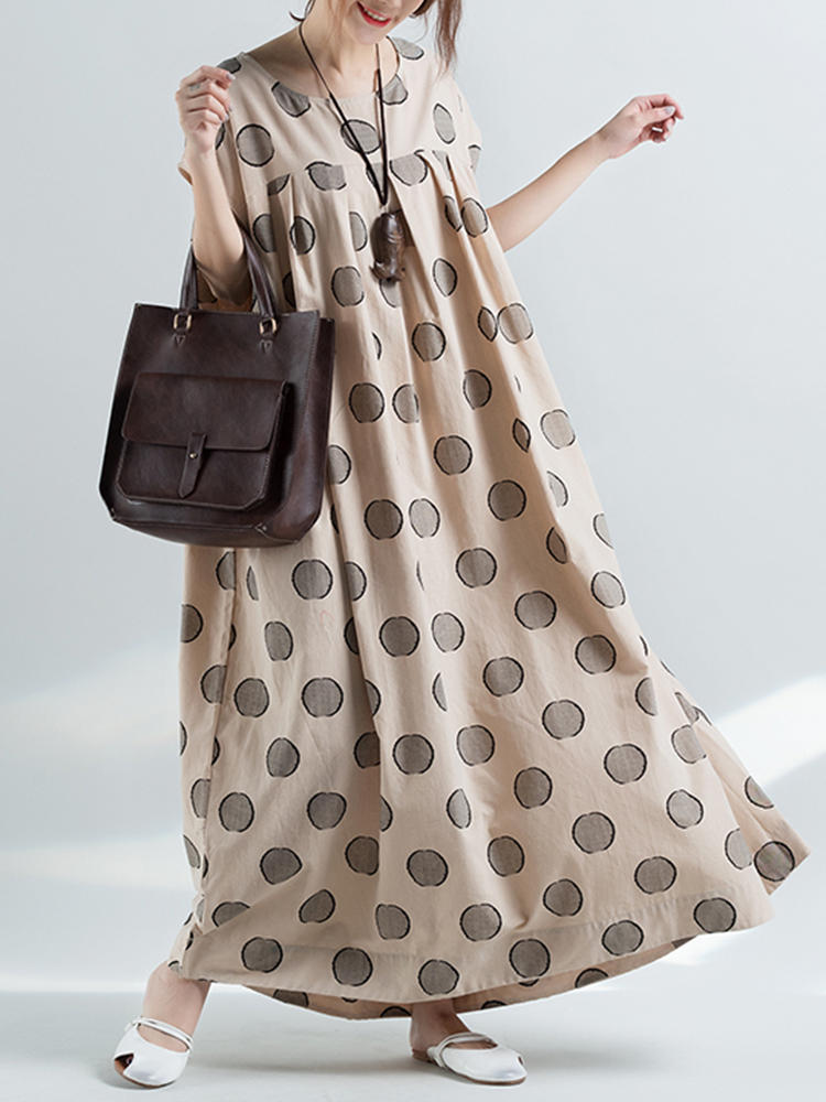 Polka Dots Short Sleeve Vintage Long Maxi Dress