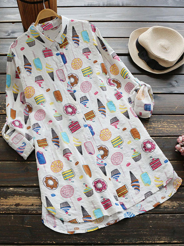 M-5XL Women Dessert Print Irregular Blouse