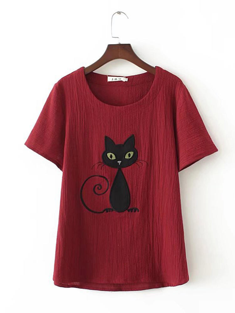 Casual Cat Embroidery shirts for Women