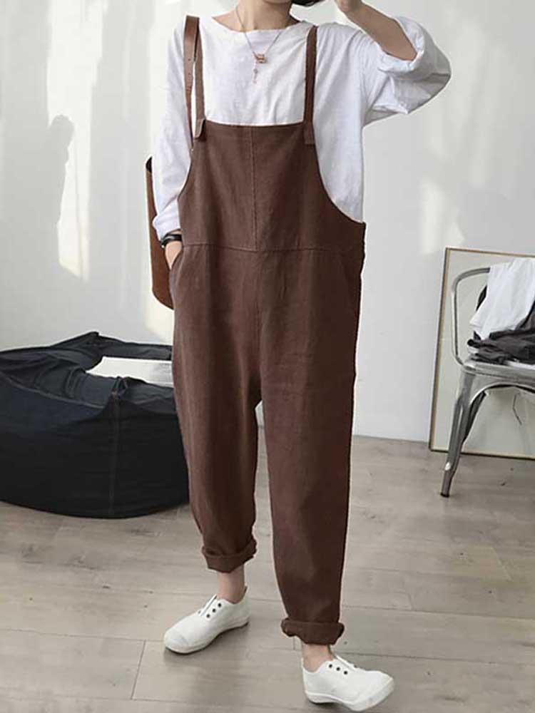 Women Straps Sleeveless Loose Cotton Overalls Jumpsuit
