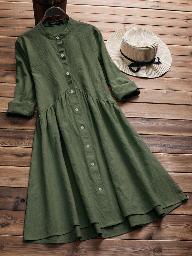 Vintage Women Cotton Stand Collar Pleated Long Sleeve Dress