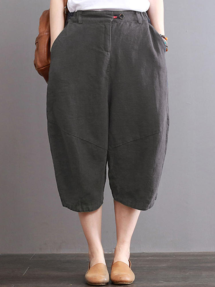 Women Vintage Pure Color Button Elastic Waist Cotton Pants