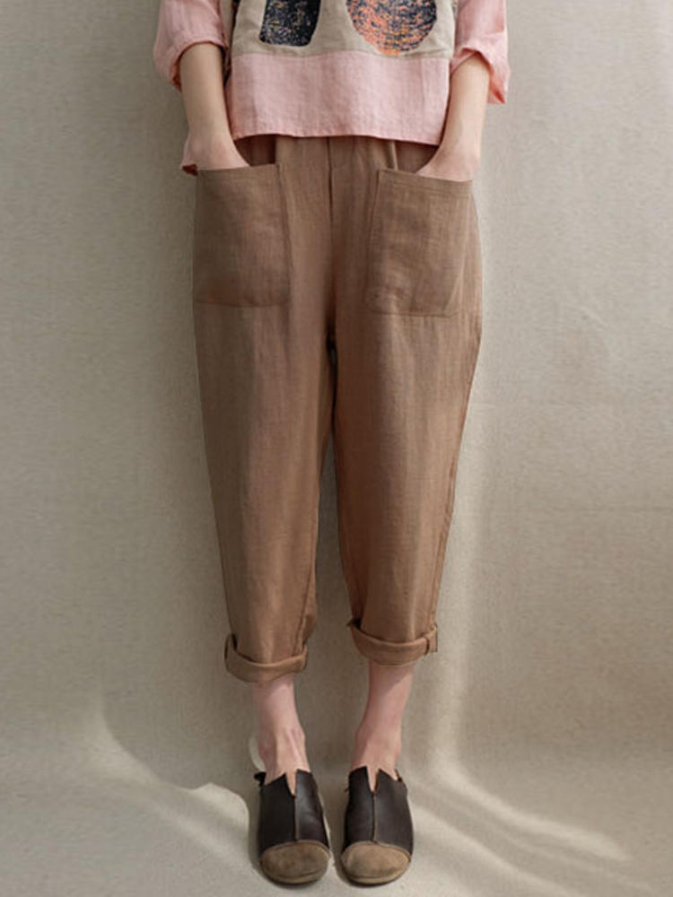 Women Casual Linen Cotton Elastic High Waist Harem Pants