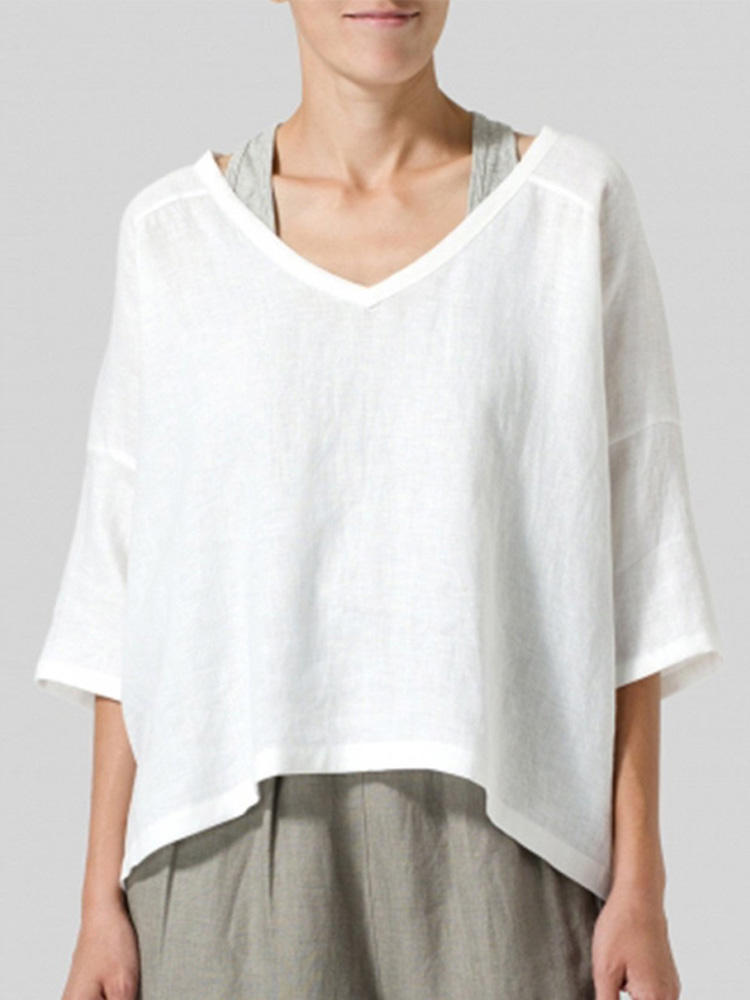 Pure Color V-neck Loose Irregular Hem Casual Blouse