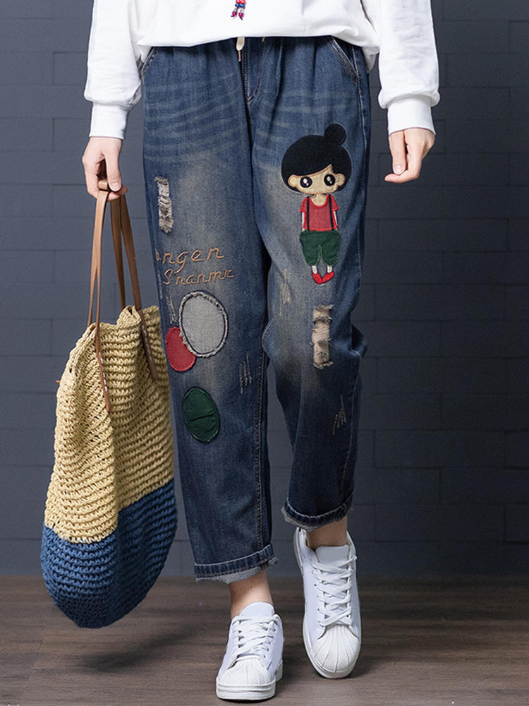Cartoon Embroidery Hollow Elastic Drawstring Waist Denim Jeans