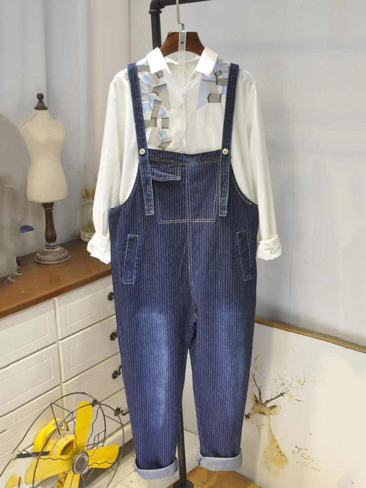 Loose Denim Stripe Pockets Loose Women Jumpsuit Rompers