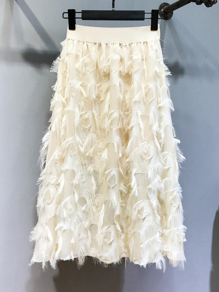 Solid Color Feather Fringed High Waist Long Skirts