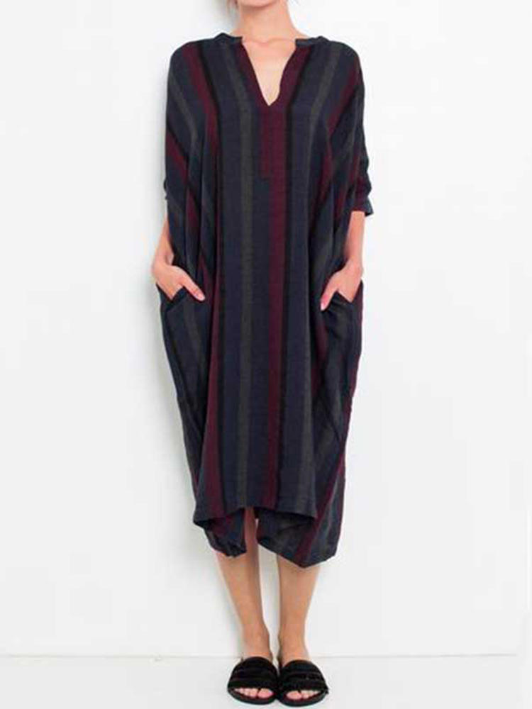 Loose Women Half Sleeve V-Neck Striped Pocket Dress