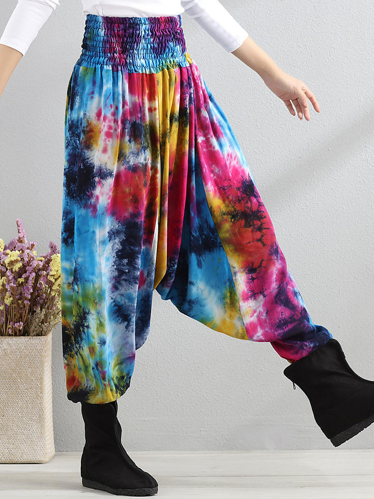 Retro Women Color-block Folk Style Elastic Waist Pants