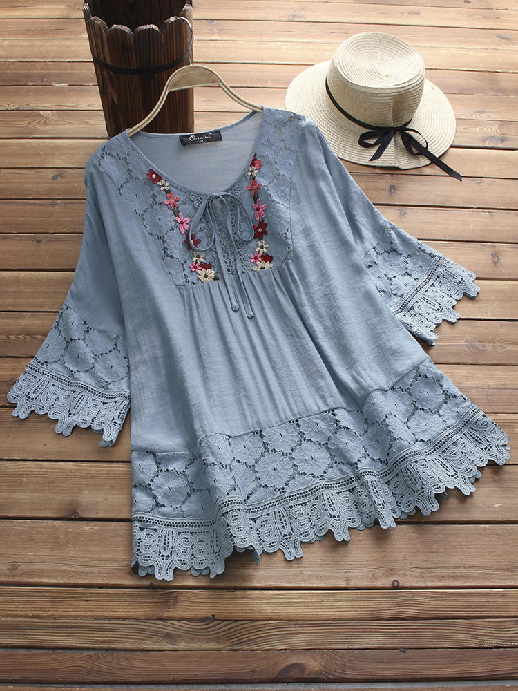 Casual Women Hollow Lace Patchwork 3/4 Sleeve Blouse