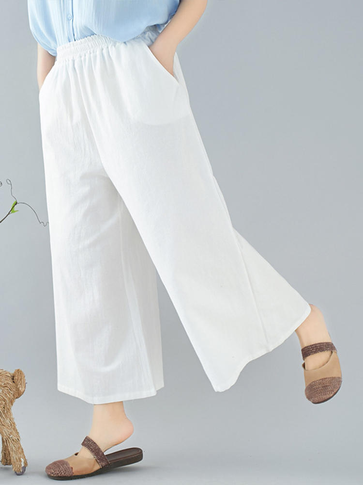 Wide Leg Women Solid Color Elastic Waist Trouser Pants